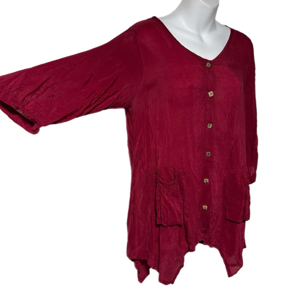 Click Color Me Cotton Red Crinkle Button Tunic To… - image 2